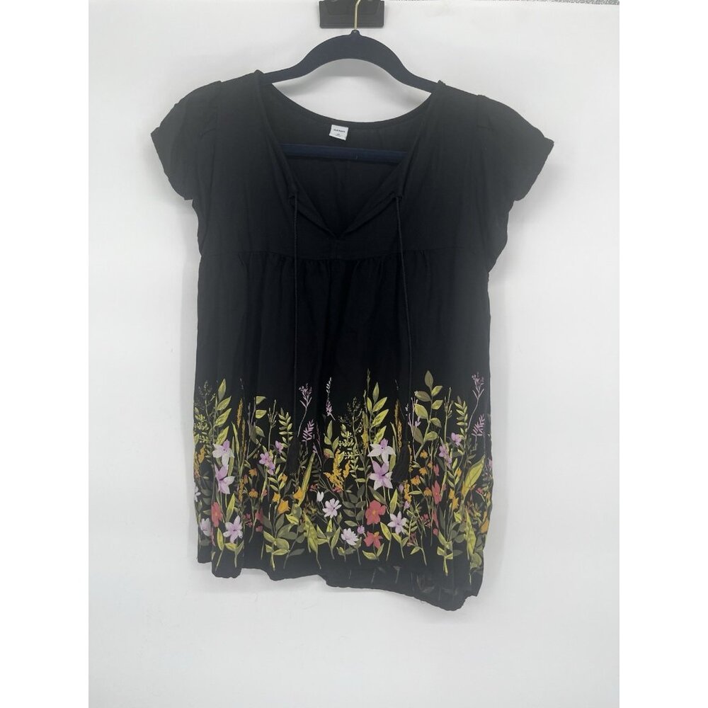 OLD NAVY Blouse M MEDIUM Womens Black Ruffle Bottom Floral‎ Print